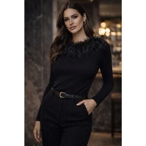 Vintage Victoria Harbour Sz S Women’s Black Feather Collar Ribbed Long Sleeve